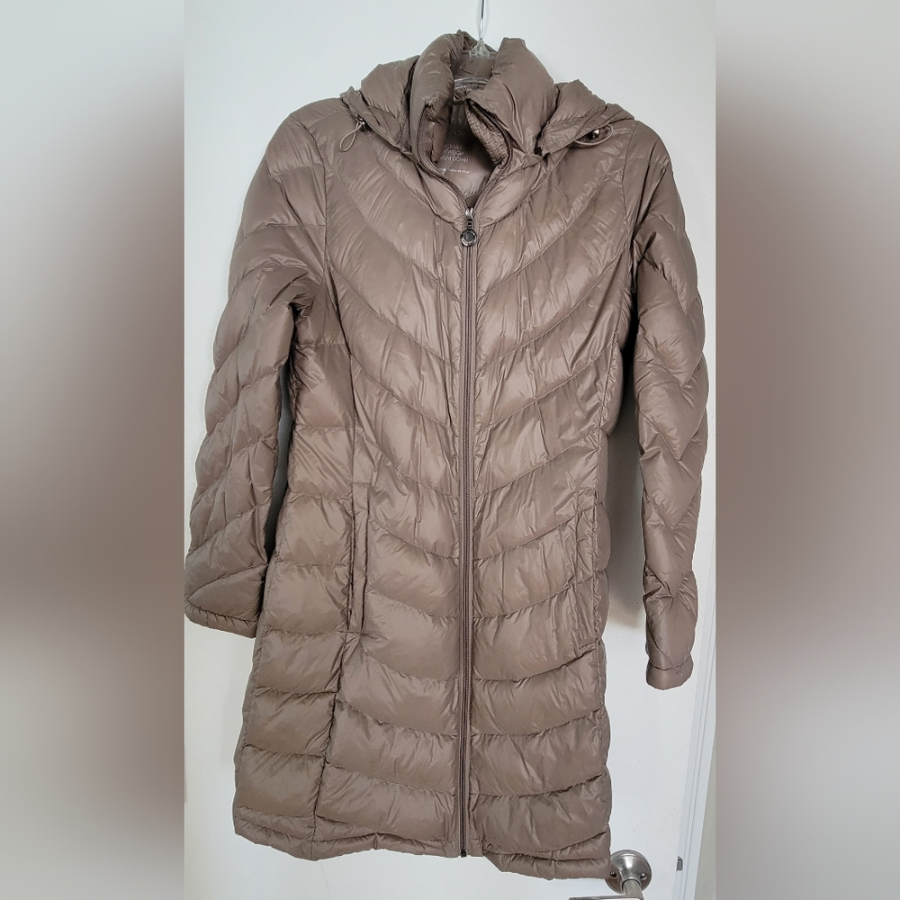 Calvin Klein Long Puffer Jacket in Taupe Small